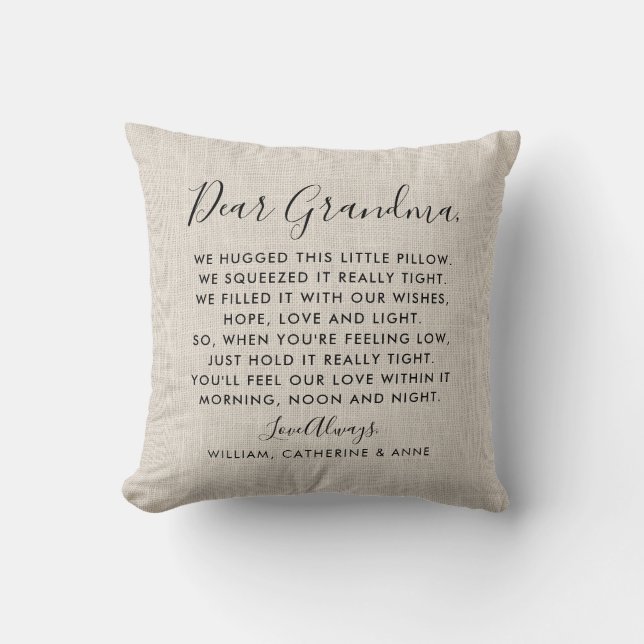 Rustic Burlap Dear Grandma Message Photo Throw Pillow (Front)