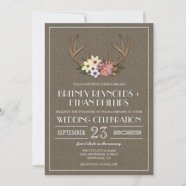 Rustic Burlap Deer Antler Wedding Invitations (Front)
