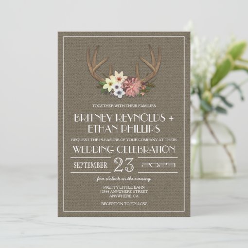Rustic Burlap Deer Antler Wedding Invitations Zazzle