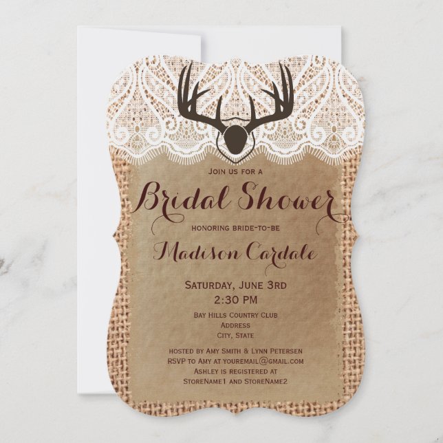 Rustic Burlap Deer Antlers Bridal Shower Invites (Front)