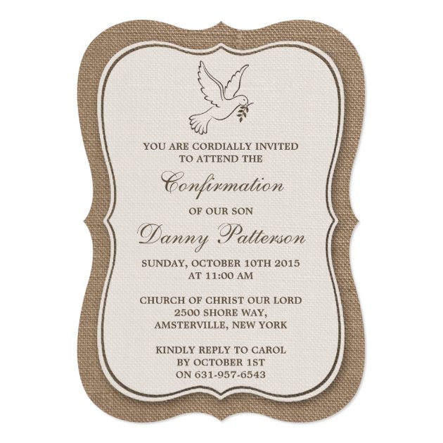 Rustic Burlap Dove Holy Communion Or Confirmation Invitation