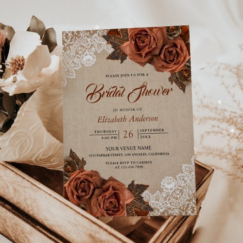 Rustic Burlap Dusty Terracotta Rose Bridal Shower Invitation