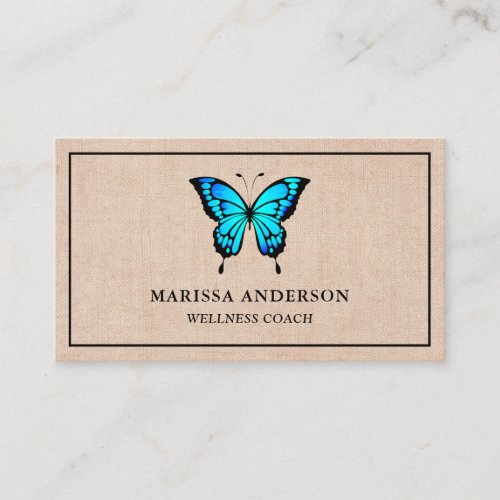 Rustic Burlap Elegant Blue Butterfly Business Card