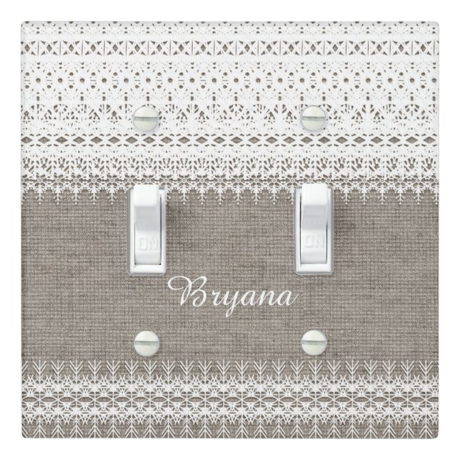Rustic Burlap & Elegant Lace Farmhouse Chic Look Light Switch Cover (In Situ)