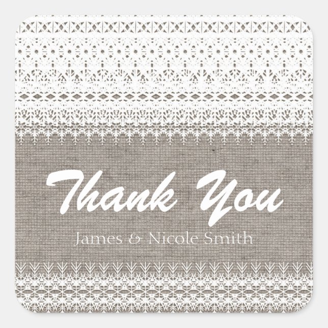 Rustic Burlap & Elegant Lace Wedding Favor Square Sticker (Front)