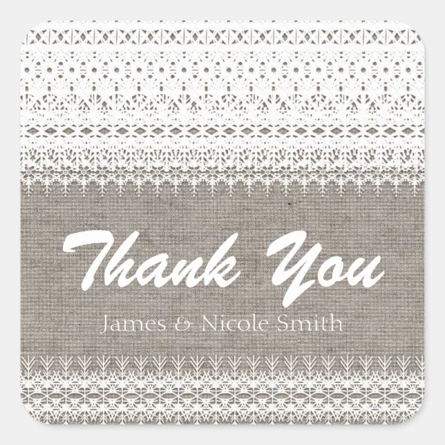 Rustic Burlap & Elegant Lace Wedding Favor Square Sticker | Zazzle