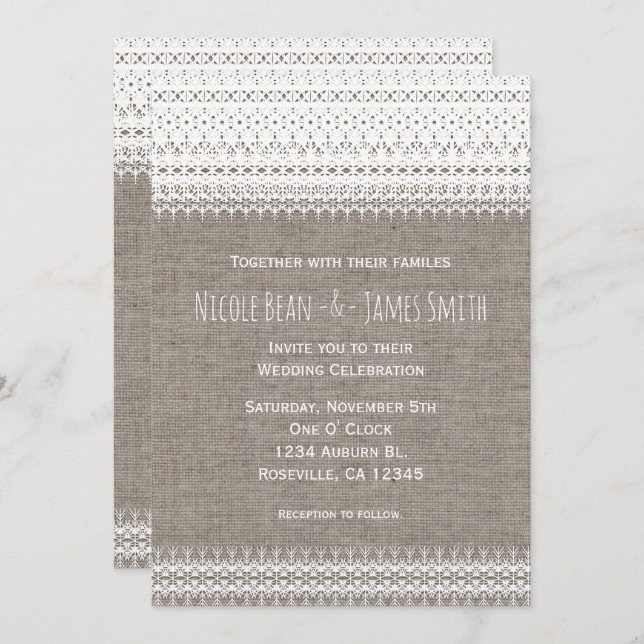 Rustic Burlap & Elegant Lace Wedding Invitations (Front/Back)