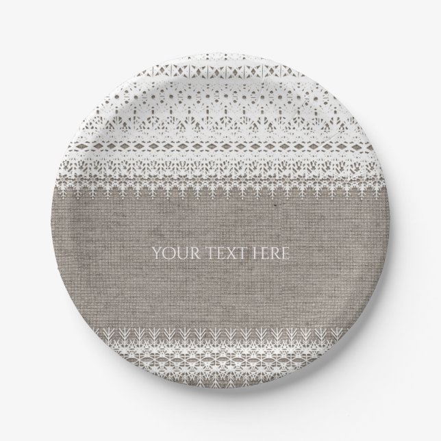 Rustic Burlap & Elegant Lace Wedding Paper Plates (Front)
