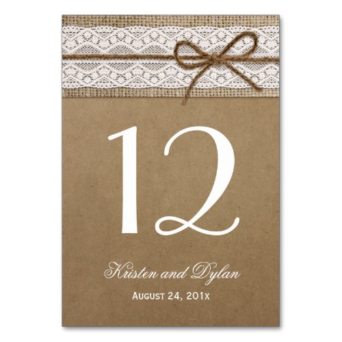 Rustic Burlap Elegant Lace Wedding Table Number