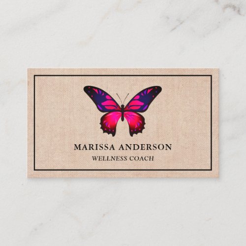 Rustic Burlap Elegant Pink Butterfly Business Card