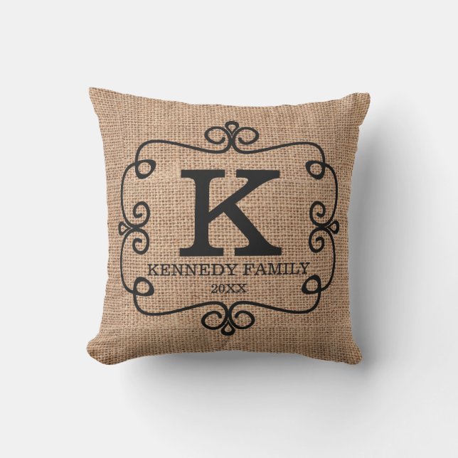 Rustic Burlap Family Name Monogrammed Throw Pillow (Front)