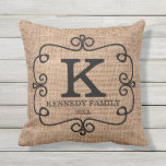 Rustic Burlap Family Name Monogrammed Throw Pillow<br><div class="desc">Family monogram pillow with a rustic burlap print background. The country style pillow can be personalized with your monogram initial letter, family name and established year. NOTE:The burlap is only printed effect and not real.</div>