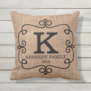 Rustic Burlap Family Name Monogrammed Throw Pillow