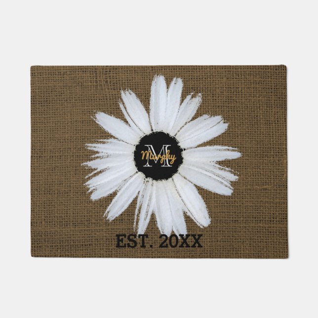 Rustic Burlap Family Name Year | Monogrammed Daisy Doormat (Front)