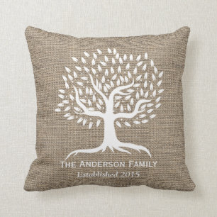 Rustic Burlap Family Tree Family Established Throw Pillow