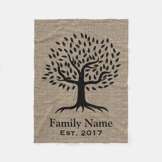 Rustic Burlap Family Tree Family Name Established Fleece Blanket (Front)