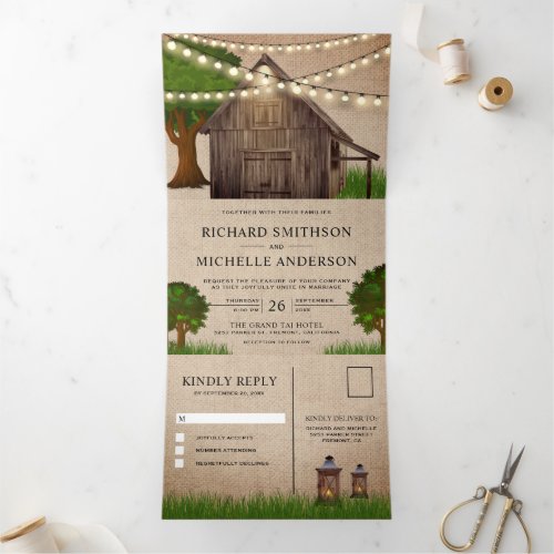 Rustic Burlap Farm Wood Barn String Lights Wedding Tri_Fold Invitation