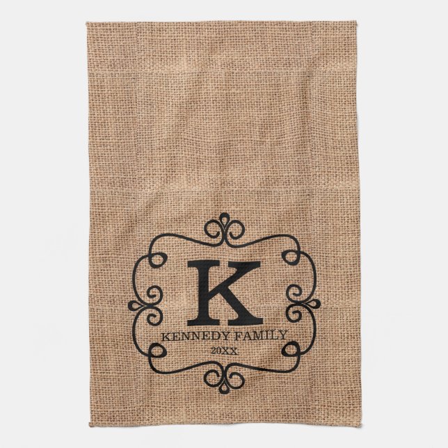 Rustic Burlap Farmhouse Family Name Monogrammed Kitchen Towel (Vertical)
