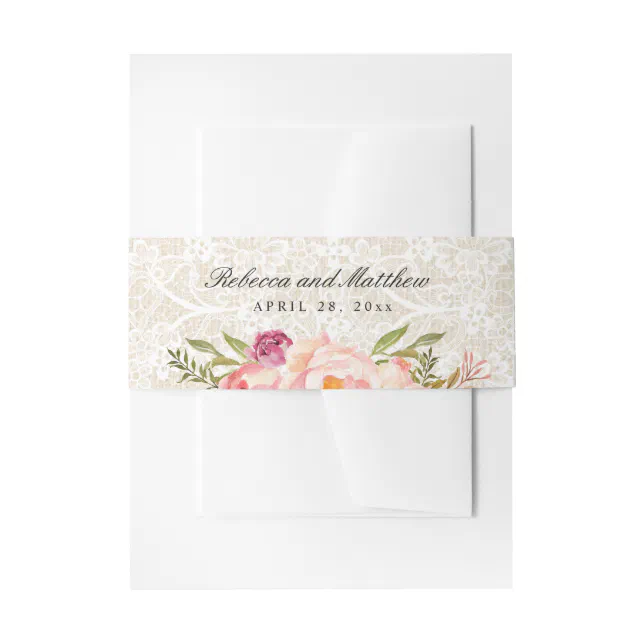 Rustic Burlap Floral Chic Ivory Lace Wedding Invitation Belly Band | Zazzle
