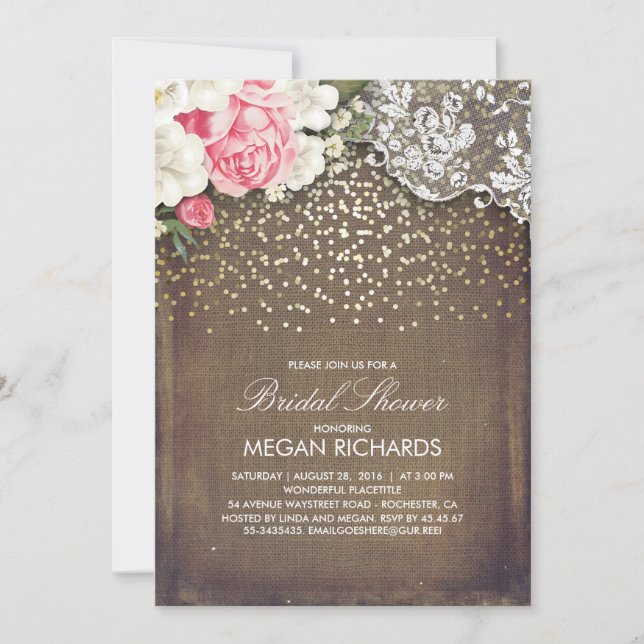 Rustic Burlap Floral Lace Gold Bridal Shower Invitation (Front)