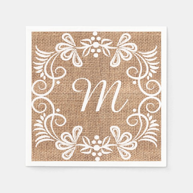 Rustic Burlap Floral Monogram Initial Napkins (Front)