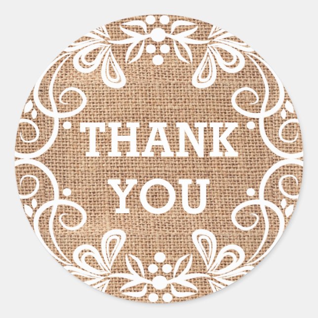 Rustic Burlap Floral Swirls Thank You Classic Round Sticker (Front)
