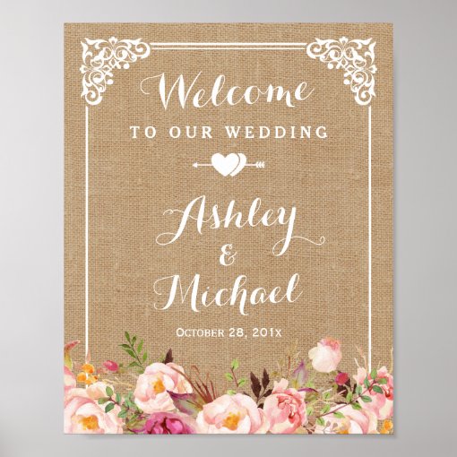 Rustic Burlap Floral Welcome Wedding Sign | Zazzle