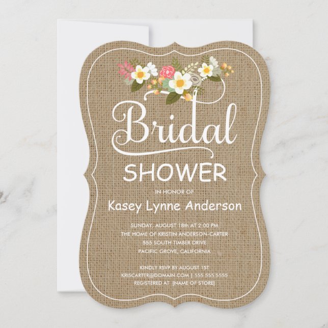 Rustic Burlap Floral Wreath Bridal Shower Invitation (Front)