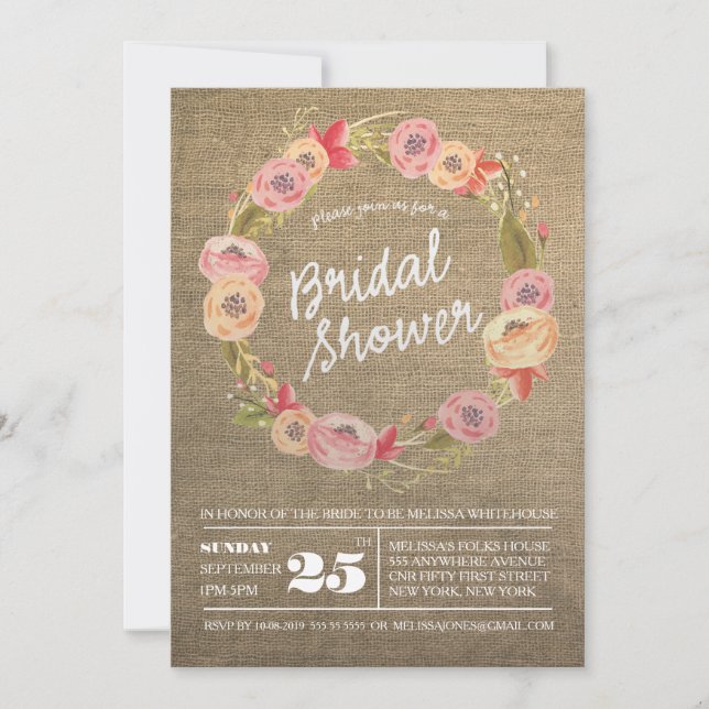 Rustic Burlap Floral Wreath Bridal Shower Invite (Front)