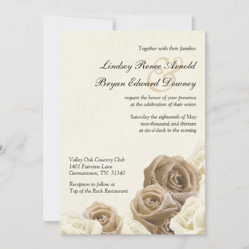 Rustic Burlap Flowers Roses Wedding Invitation
