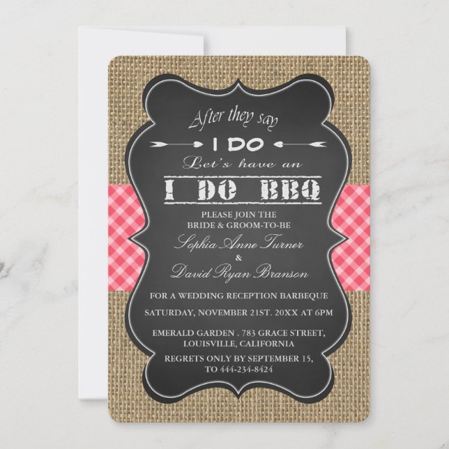 Rustic Burlap, Gingam & Chalkboard I DO BBQ Custom Invitation (Front)