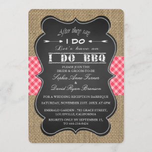 Rustic Burlap, Gingam & Chalkboard I DO BBQ Custom Invitation