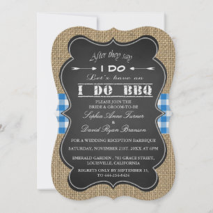 Rustic Burlap, Gingam & Chalkboard I DO BBQ Custom Invitation