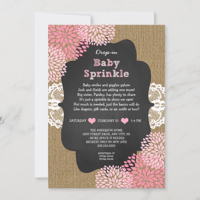 Rustic burlap girl drop-in baby sprinkle invitation (Front)