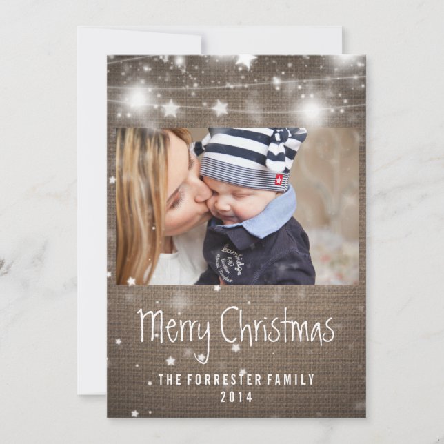 Rustic Burlap Glowing Stars Merry Christmas Photo Holiday Card (Front)