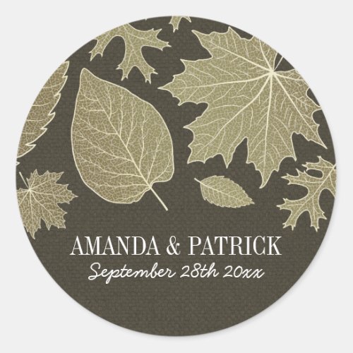 Rustic Burlap Gold Fall Leaves Wedding Favors Classic Round Sticker