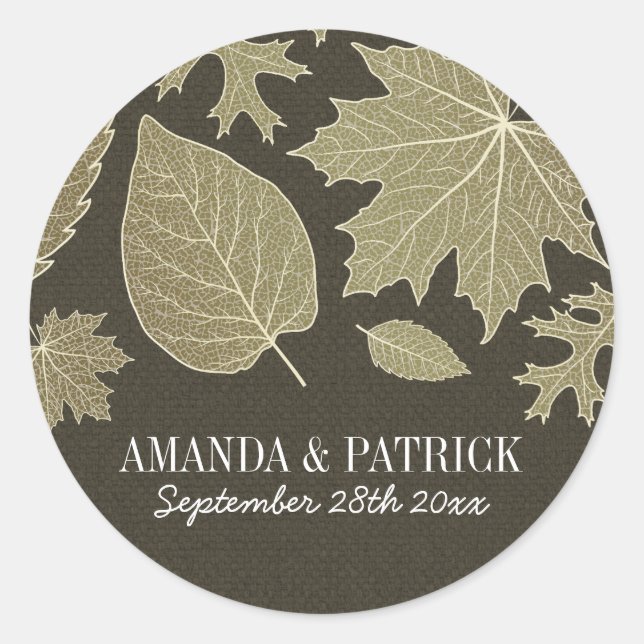 Rustic Burlap Gold Fall Leaves Wedding Favors Classic Round Sticker (Front)