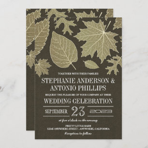 Rustic Burlap Gold Fall Leaves Wedding Invitations