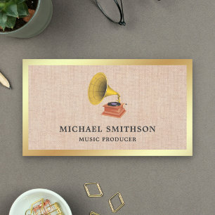Rustic Burlap Gold Foil Gramophone Music Producer Business Card