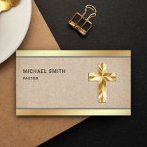 Rustic Burlap Gold Foil Jesus Christ Cross Pastor Business Card