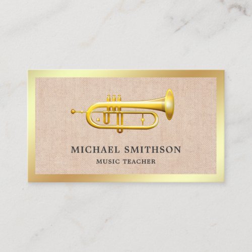 Rustic Burlap Gold Foil Trumpet Music Teacher Business Card
