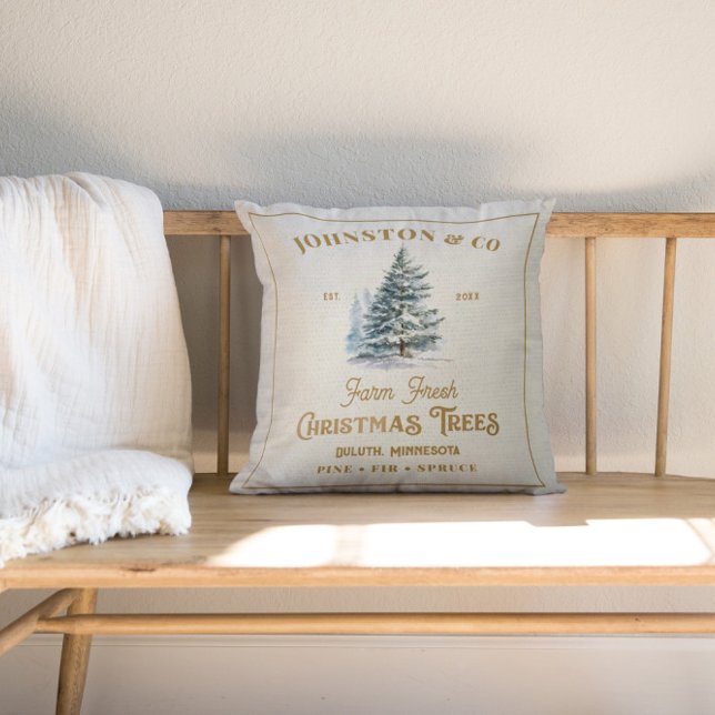 Rustic Burlap Gold Last Name Christmas Tree Farm  Throw Pillow (Creator Uploaded)