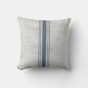 Rustic Burlap Grain Sack Blue Grey Striped Throw Pillow