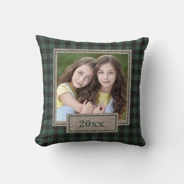 Rustic Burlap Green Buffalo Plaid Christmas Photo Throw Pillow (Front)