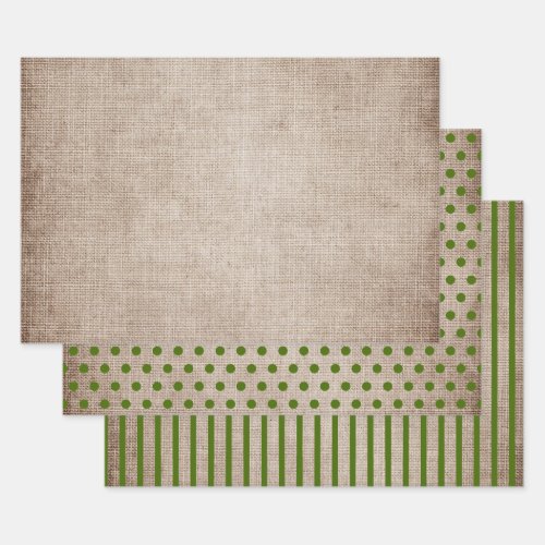 Rustic Burlap Green Polka Dots Stripes Solid Wrapping Paper Sheets