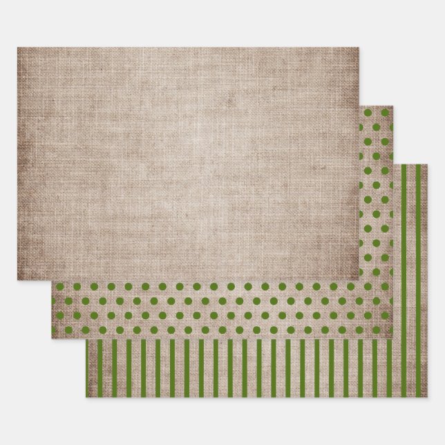 Rustic Burlap Green Polka Dots Stripes Solid Wrapping Paper Sheets (Set)