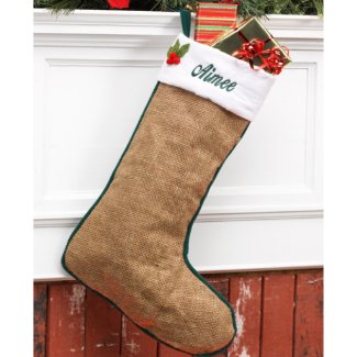 Rustic Burlap & Green Trim Christmas Stocking