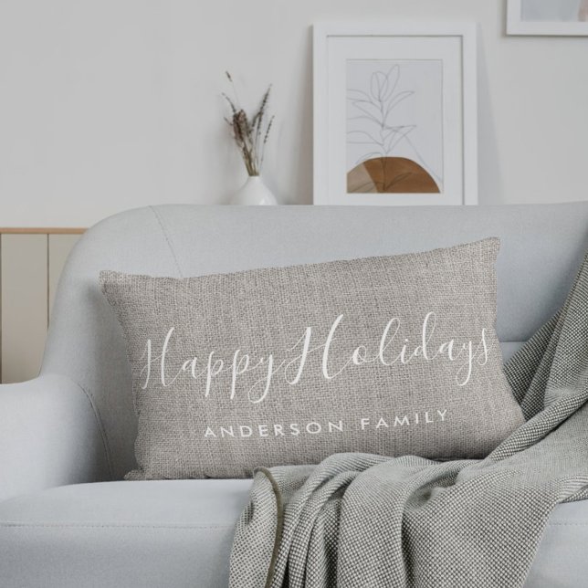 Rustic Burlap Happy Holidays Family Name Lumbar Pillow (Creator Uploaded)