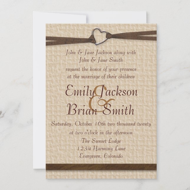 Rustic burlap heart clasp ribbon wedding invites (Front)