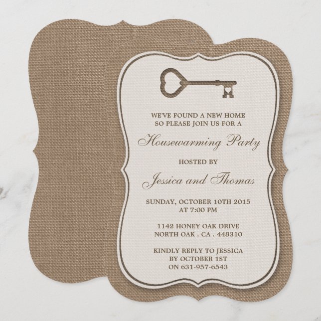 Rustic Burlap Heart Key New Home Housewarming Invitation (Front/Back)